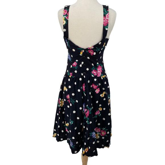 Vintage Lanz Midi Dress Polka Dot Floral Print Drop Waist Fit & Flare Black 4 - Picture 6 of 9